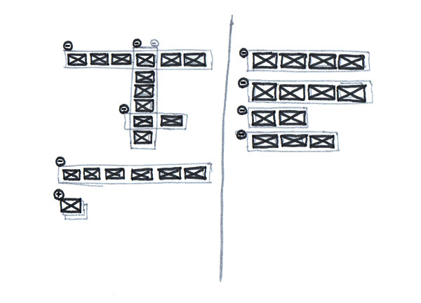 Brainstorming sketch contrasting rectangles organized in rows versus rows and columns