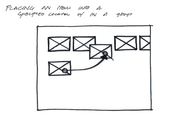 Brainstorming sketch of rectangle getting moved between two other rectangles grouped in a row