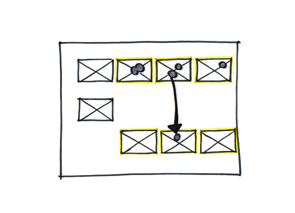 Brainstorming sketch of multiple rectangles getting moved by a users multi touch gesture