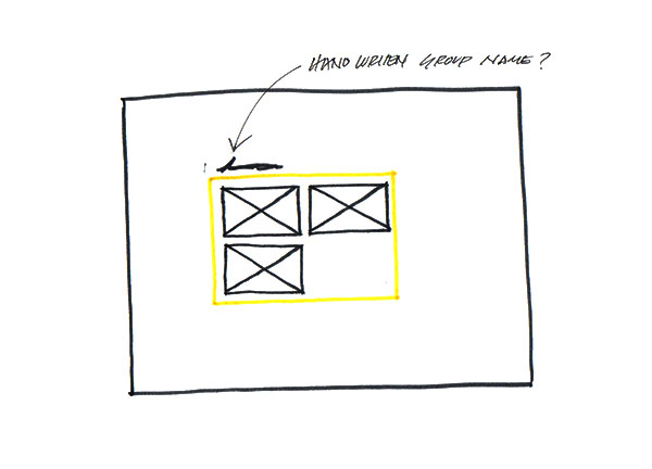 Brainstorming sketch of a stylus used to handwrite a name for a group of rectangles 