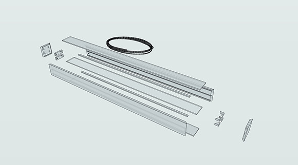 3D rendering exploded view of the components that make up the BarLight