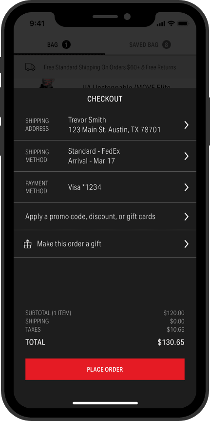 Under Armour app mockup of the checkout process contained in a single UI bottom drawer