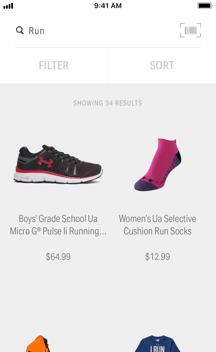 The Under Armour apps search results page from 2016 with UI optimized for smaller mobile devices