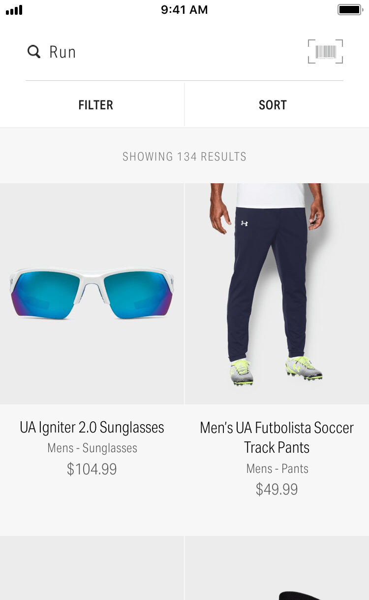 The Under Armour apps search results page from 2017 with improvements to contrast, accessibility, and layout