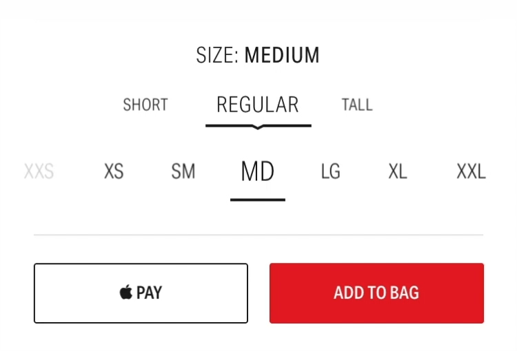 Prototype for variant A of the size and length pickers where users can select any size or length option from either picker