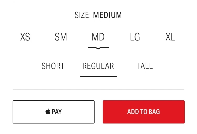 Prototype for variant C of the size and length pickers where users select a size option before selecting a length option